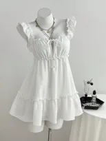 Summer Womens A Line Sleeveless Dress Ruffle Hem Lightweight Fabric Elegant Style Ready to Ship