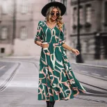 Floral Print V Neck Dress Womens Autumn Fashion Elegant and Comfortable Available for Wholesale