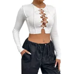Womens Hollow Out Tie Front Crop Top Round Neck Ribbed Fabric Long Sleeve Versatile Style Autumn