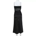Elegant Long Split Dress French Style Mesh Splicing Slim Fit Sleeveless Perfect for Evening Even