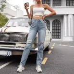 High Waisted Wide Leg Jeans Loose Fit Straight Cut Durable Denim Casual Wear for Women Wholesale