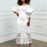 Off Shoulder Lace Trimmed Evening Dress Lantern Sleeves Elegant Design Perfect for Parties Whole