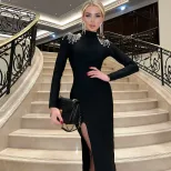 Elegant High Split Long Sleeve Dress Solid Color High Waist Rhinestone Details Perfect for Eveni