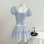 Womens Summer Plaid Puff Sleeve Shirt and A Line Skirt Set in Blue Casual Fashion