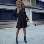 Loose Black Long Sleeve Dress Vintage Hepburn Style Fashionable Womens Apparel for Casual Occasi
