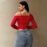 Asymmetrical Neck Crop T Shirt Sweet and Spicy Style Red Color Spring Summer Fashion Wholesale A