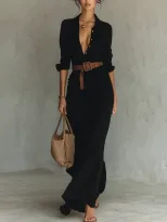 Elegant Womens Autumn Dress Solid Color Irregular Pleats Waist Belt Perfect for Casual or Formal