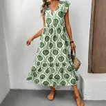 Vintage Inspired Geometric Print Sleeveless Ruffle Dress Unique Design Trendy Style Perfect for