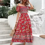 Vintage Bohemian Off Shoulder Printed Dress Summer Vacation Style Lightweight Fabric Comfortable