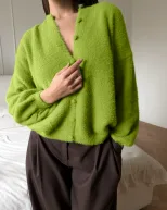 2026新款欧美慵懒风圆领仿貂毛开衫女宽松柔软针织外套百搭毛衣