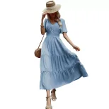 Elegant Summer V Neck Ruffled Hem Dress Slim Fit Solid Color Versatile Style Perfect for Casual