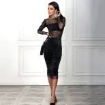 Womens Sexy Strapless Crop Top with High Waisted Bodycon Skirt and Fashionable Mesh Cover Up Tre