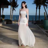 Chic White Mesh Strapless Maxi Dress Elegant Fit Soft Fabric Beach Vacation Style Available for