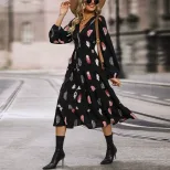 Romantic Elegant Colorful Feather Print Dress Three Quarter Sleeve Spring Fall Style Wholesale A