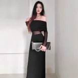 Off Shoulder Ruched Long Sleeve Dress Elegant French Style Autumn Fashion Sexy Silhouette Wholes