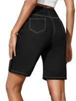 High Waisted Denim Shorts Button Detail Straight Cut Fashionable Spring Summer Casual Wear Whole