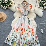 Polo Neck Short Sleeve Dress for Women Slim Fit Waist Design Floral Print Summer Casual Wear