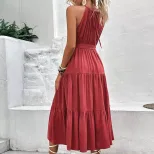 Elegant Solid Color Midi Dress Summer Style Halter Neck Comfortable Fabric Perfect for Casual Ou