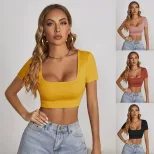 Summer Womens Crop Top Square Neck Slim Fit Short Sleeve Trendy Street Style Wholesale Available