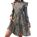Elegant Leopard Print Dress Ruffle Detail Long Sleeve Fashionable Style Perfect for Parties and