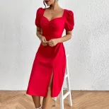 Red A Line Dress with Square Neck Ruffled Bust and Puff Sleeves Trendy for Parties and Events Wh