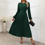 Elegant Long Sleeve Pleated Dress in Dark Green and Navy Blue for Autumn Office Wear Wholesale Low MOQ
