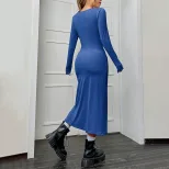 Slim Fit Bodycon Midi Dress Square Neck Long Sleeve Side Slit Elegant Office Wear for Spring Sum