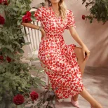 Floral V Neck Long Sleeve Dress Slim Fit Mid Length Elegant Style Perfect for Spring and Summer
