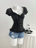 Summer Womens T Shirt Sweet Style Puff Sleeves Bow Tie Design Casual Wear Ready to Ship OEM ODM
