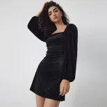 A Line Velvet Dress Slimming Waist Design Long Sleeves Square Neck Autumn Winter Party Wear Whol