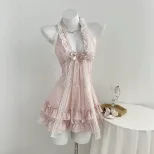 Polka Dot V Neck Cake Dress Bow Tie Neckline Waist Defined Womens Fashion Perfect for Parties an