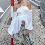 Off Shoulder Ruffled Blouse Slim Fit Lantern Sleeves Wrinkled Fabric Spring Fashion Wholesale Av