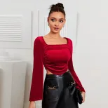 French Vintage Style Square Neck Velvet Top Elegant Womens Blouse Spring Summer Collection Whole