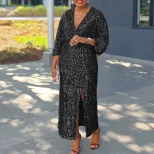 Plus Size Womens Long Dress Loose Fit V Neck Fashionable Sequins Side Slit Autumn Collection Who