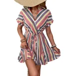 Casual Beach Vacation Dress Colorful Striped Design Shirt Collar Lightweight Fabric Summer Wear Wholesale Availa