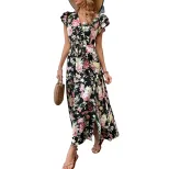 Summer Floral Maxi Dress Mid Length Split Design Lightweight Fabric Beach Vacation Wear Wholesal