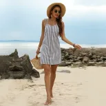 A Line Striped Summer Dress Slim Fit Waist Tie Spaghetti Straps Casual Wear for Women Wholesale