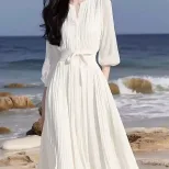 White Chiffon Dress for Women Elegant Fit Short Sleeve Round Neck Casual Summer Wear