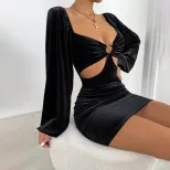 Velvet Bodycon Dress Sexy Hollow Out Design Slim Fit Puff Sleeves Elegant Style Perfect for Part