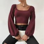Wine Red Square Neck Short Knit Top for Women Long Sleeve Vintage Lantern Sleeves Slim Fit Sprin