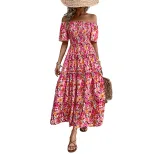 Bohemian Floral Print Dress Off Shoulder Puff Sleeves Elegant Design Perfect for Summer Events W