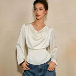 Satin Long Sleeve Blouse for Women V Neck Waist Tie Slim Fit Elegant Style Perfect for Casual or