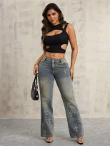 Womens Straight Leg Denim Jeans Fashionable Cross Design Casual Wear for Everyday Use Wholesale