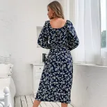 Blue Floral Off Shoulder Dress Long Sleeve Stylish Autumn Fashion Wholesale Available private la