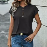 Casual Short Sleeve T Shirt for Women Round Neck Button Front Solid Color Versatile Everyday Wea