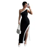 Summer Color Block Maxi Dress for Women Elegant Sexy High Slit Perfect for Parties and Events Wh