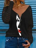 Abstract Face Print Long Sleeve Zip Up Hoodie for Women Trendy Fall Winter Style Comfortable Cas