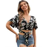 Casual Floral Print V Neck Short Sleeve Top Flared Design Versatile Style European and American