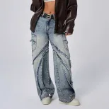 Wide Leg Denim Trousers Distressed Hem Patchwork Design Loose Fit Casual Wear for Women Wholesal