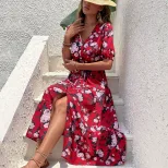 Vintage Floral Print V Neck Split Maxi Dress Summer Fashion for Women Elegant and Romantic Style
